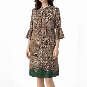 adL European Leopard Paisley Midi Dress Bow Neck NWT Size M